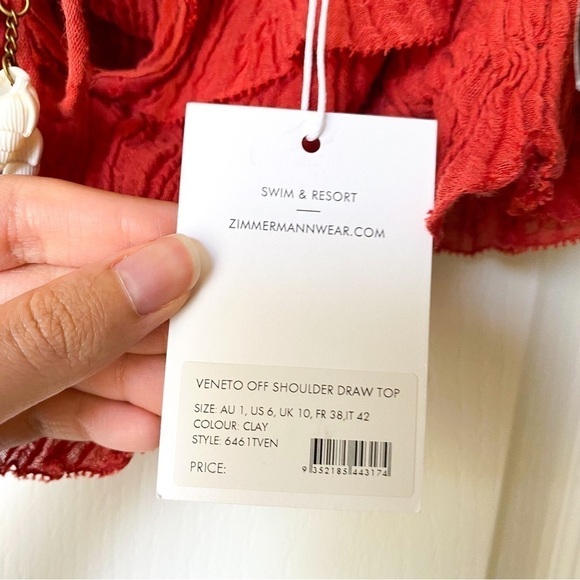 Zimmermann Top Veneto Off-Shoulder Draw Gauze Shell Crinkle Vacation Clay 1 NWT - Picture 5 of 9